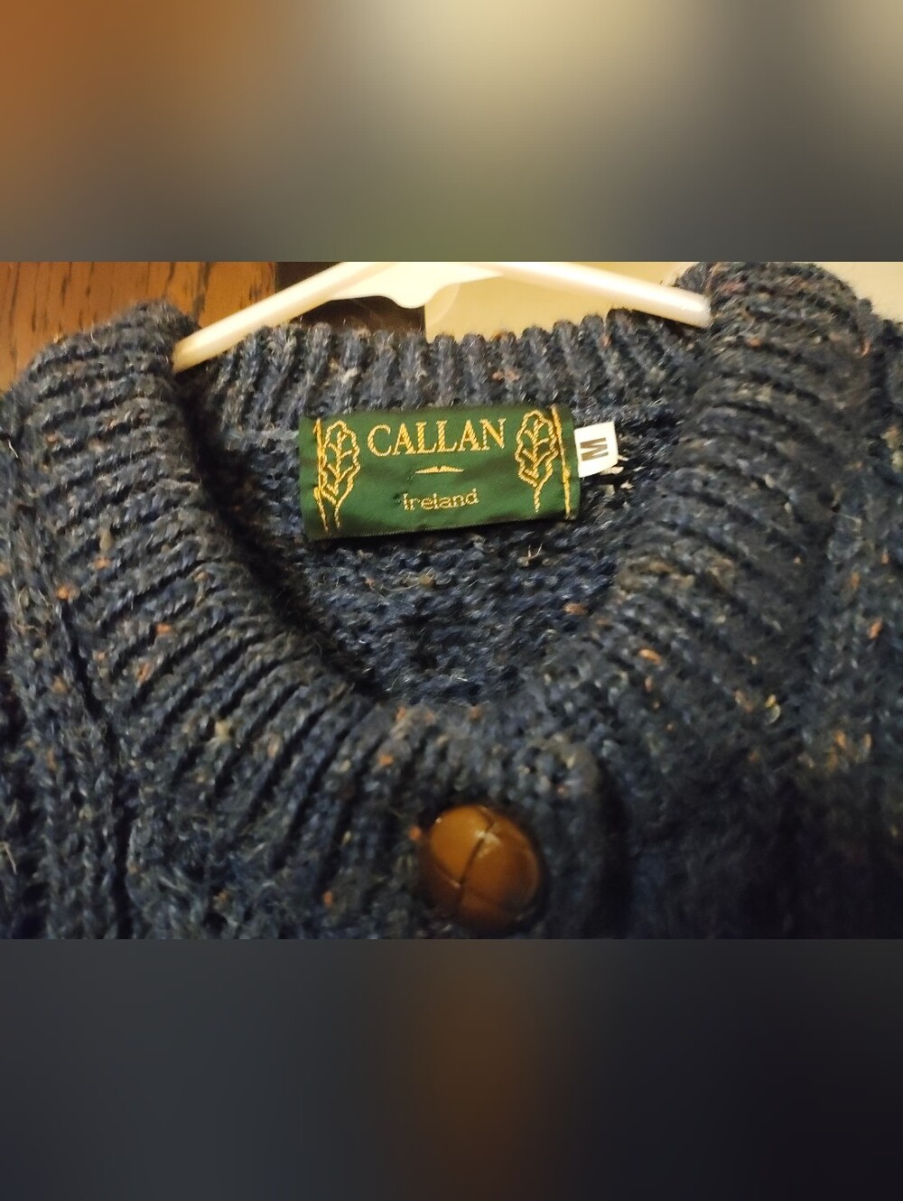 Vintage Callan 100% Wool Navy/Orange Cable Knit Button-Down Sweater - Picture 2 of 8